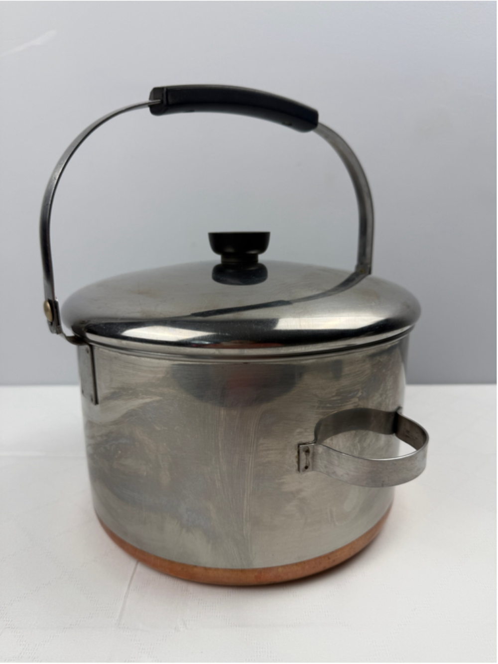 Vtg MCM Revere Ware stainless steel stock pot copper bottom bail handle lid